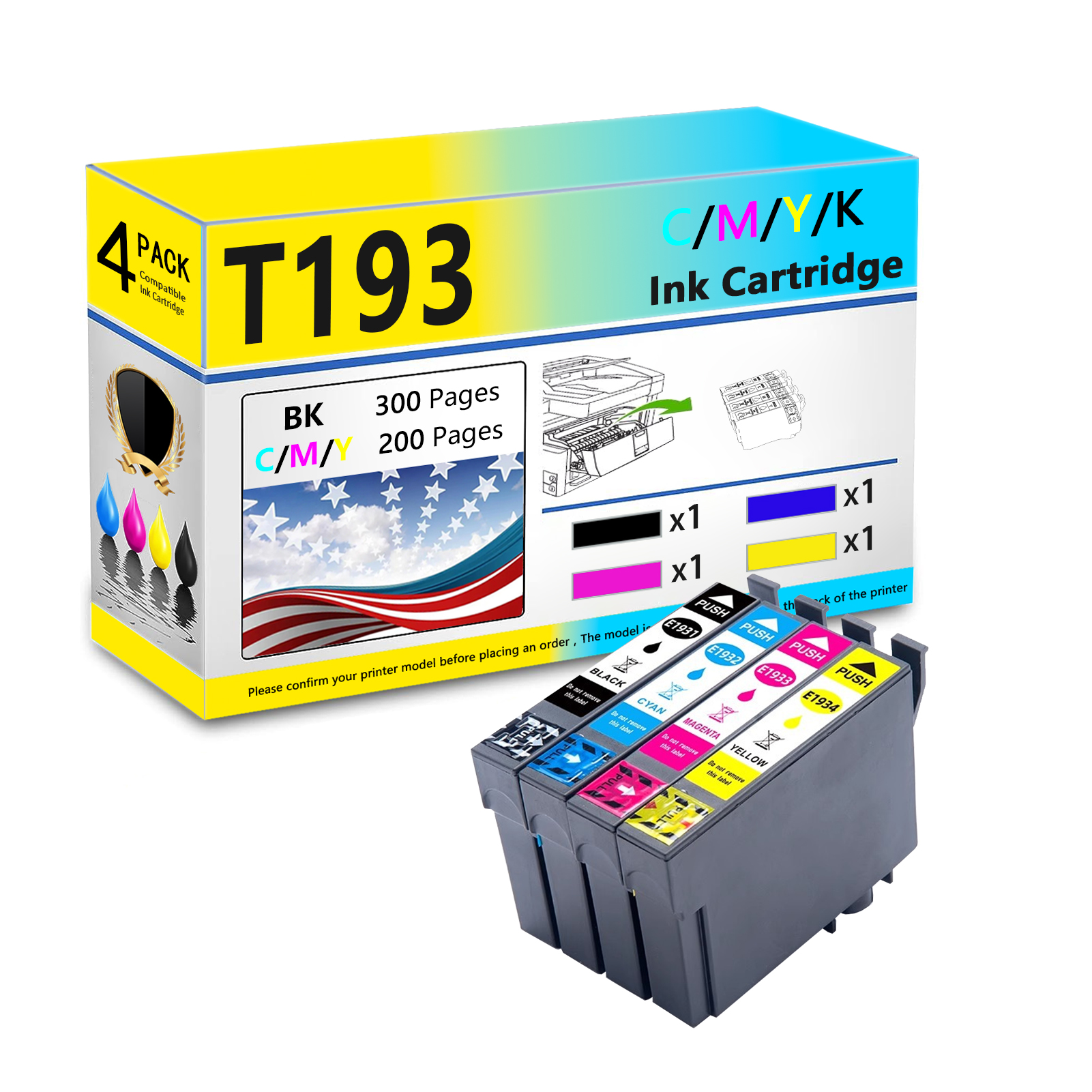 T193 Ink Cartridges Work for Epson WorkForce WF-2521 WF-2531 WF-2541 WF-2631 WF-2651 WF-2661 Printers