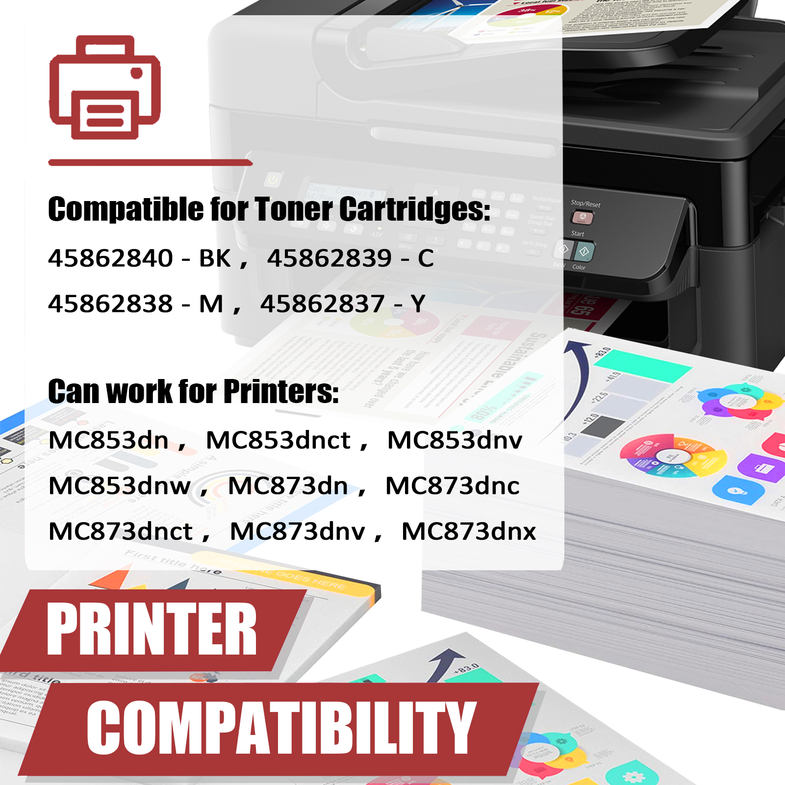 For OKI MC853 MC873 45862840 45862839 45862838 45862837 Toner cartridge Work for OKI MC853dn MC853 MC873dn MC873 Printers