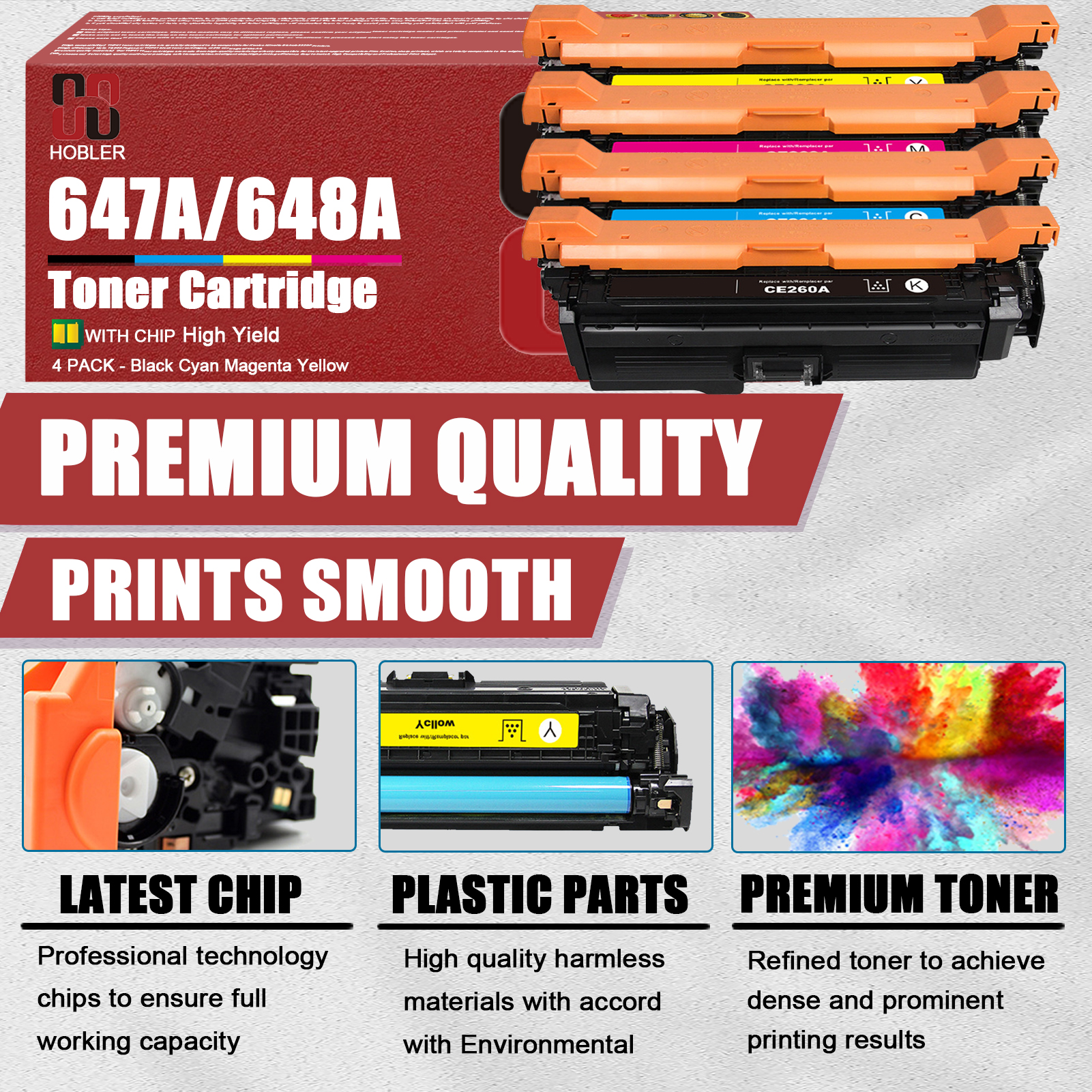 For HP 647A 648A CE260A CE261A CE262A CE263A Toner Cartridge Work for HP Enterprise CP4025 CP4025n CP4025dn CP4525n CP4525dn CP4525xh Printers, Black │CE260A, Cyan │CE261A, Magenta │CE263A, Yellow │CE262A-PrintsBoost