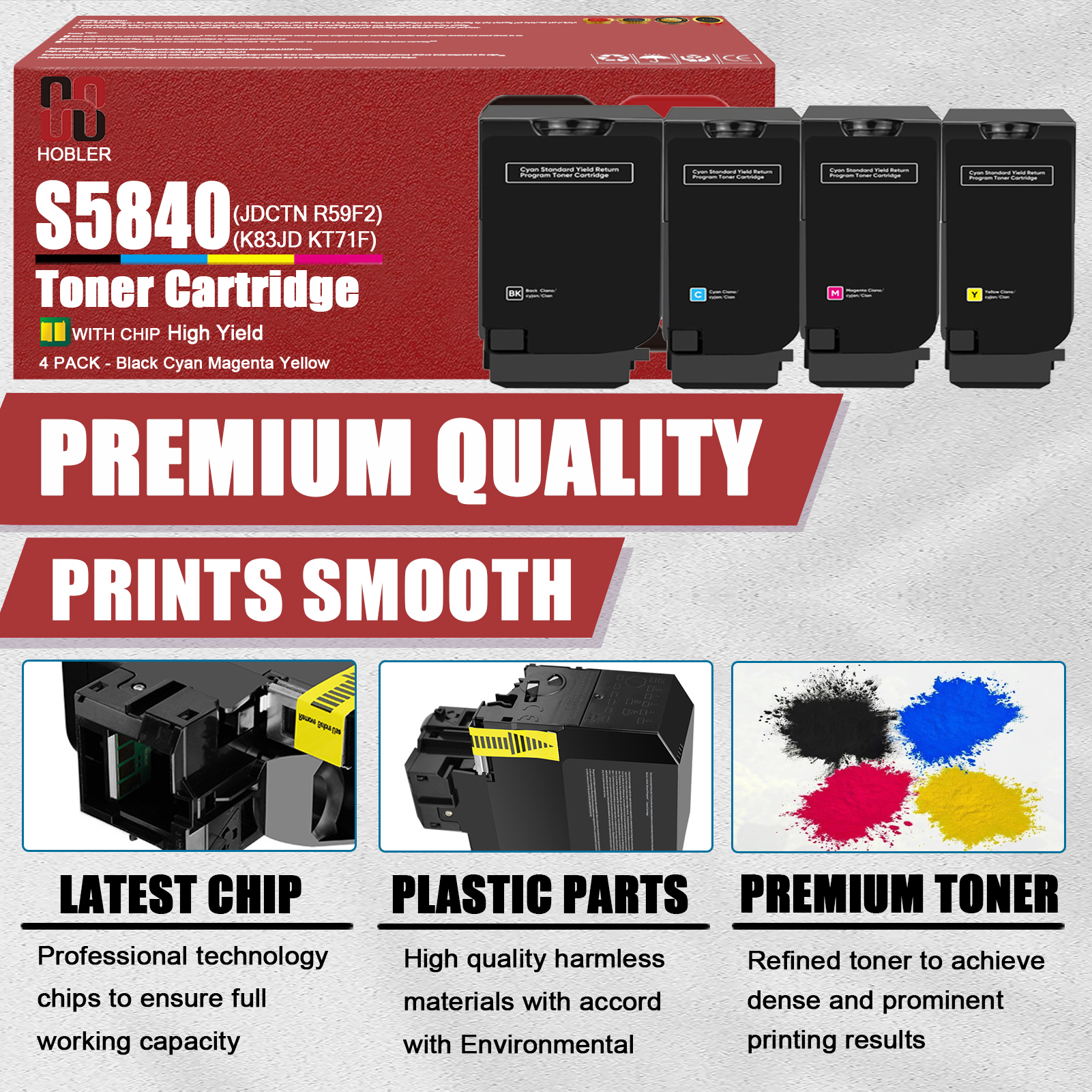 For Dell S5840 Toner Cartridge Work for Dell S5840dn S5840cdn Printers,  Black │JDCTN, Cyan │R59F2, Magenta │K83JD, Yellow │KT71F-PrintsBoost