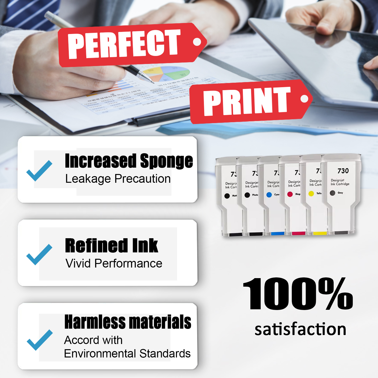 For HP 730 P2V68A P2V69A P2V70A P2V71A P2V72A P2V73A Ink Cartridge Work For HP DesignJet T1600 T1700 T2600 Printers-PrintsBoost