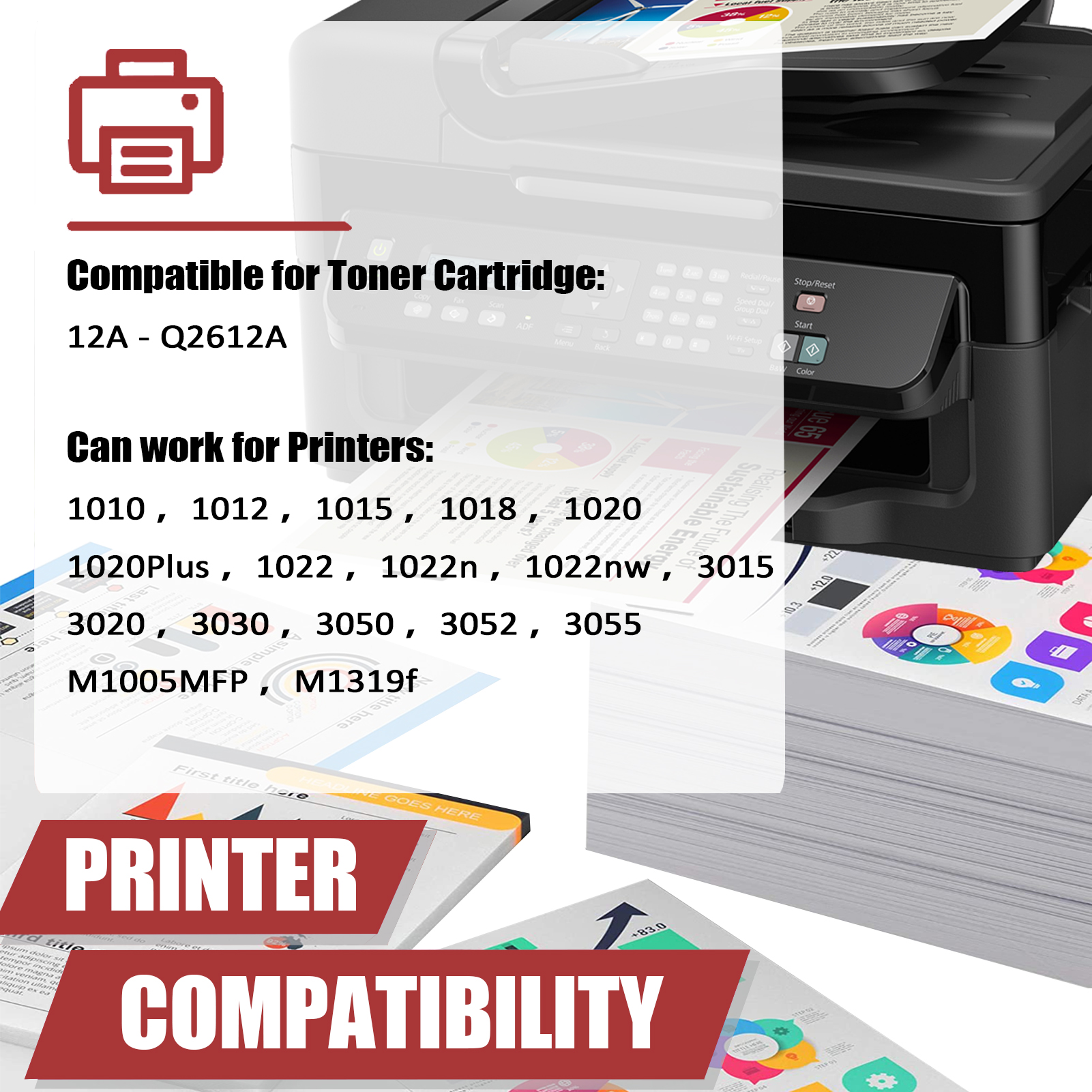 For HP 12A Q2612A Toner Cartridge Work for HP LaserJet 1010 1012 1015 1018 1020 1020Plus 1022 1022n 3015 3020 3030 3050 Printers