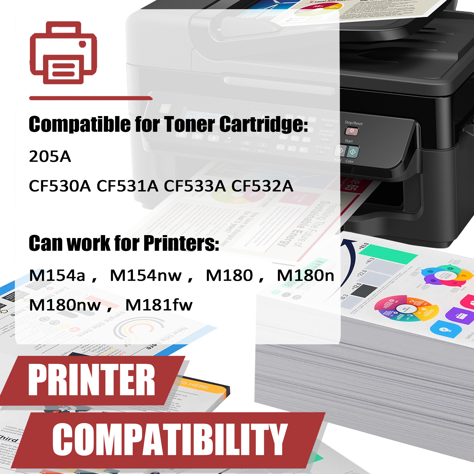 For HP 205A CF530A CF531A CF533A CF532A Toner Cartridge Work for HP Color LaserJet Pro M154a M154nw MFP M180 M180n M180nw M181fw Printers-PrintsBoost