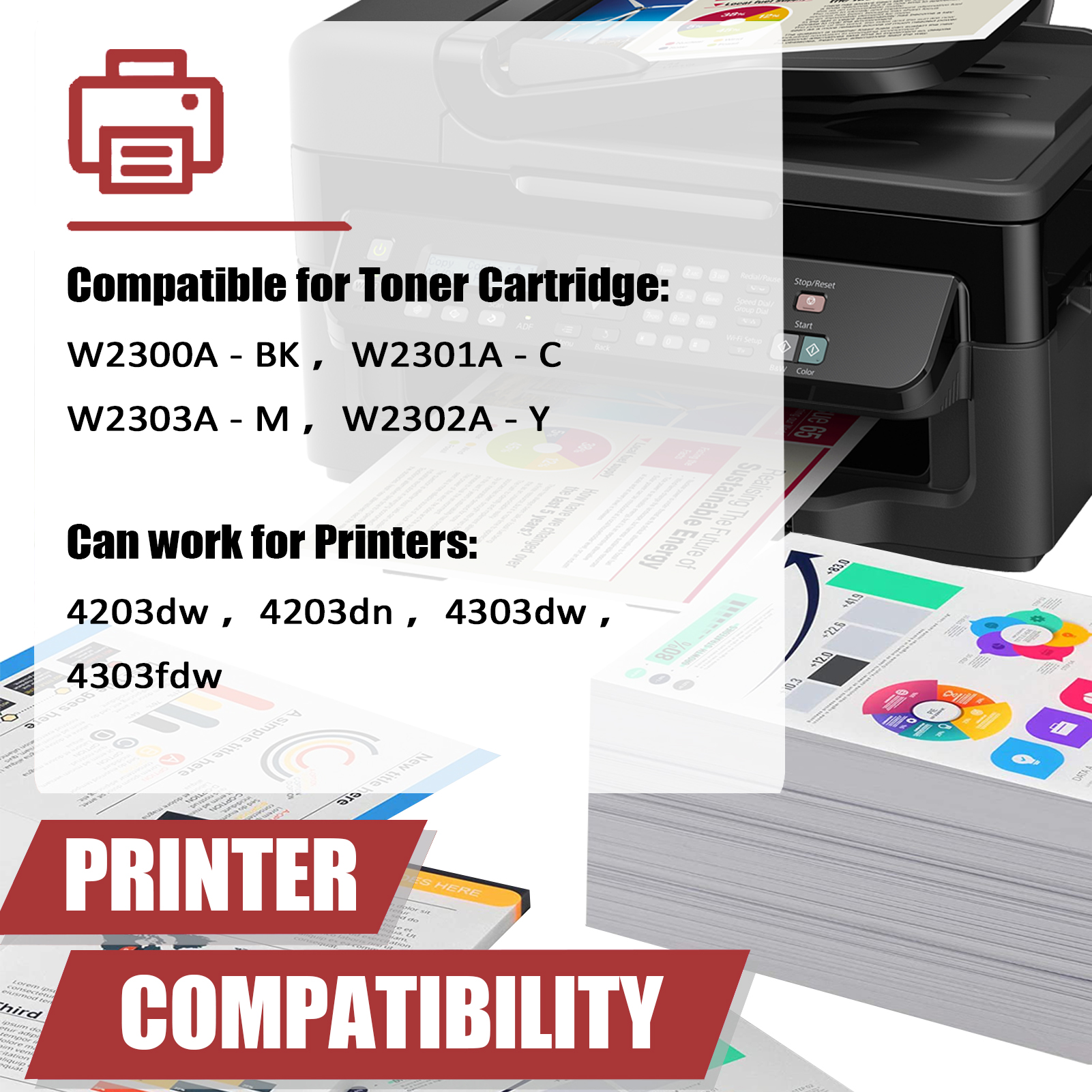 For HP 230A W2300A W2301A W2303A W2302A Toner Cartridge Work for HP Color LaserJet Pro 4203dw 4203dn MFP 4303dw 4303fdw Printers, Black │W2300A, Cyan │W2301A, Magenta │W2303A, Yellow │W2302A-PrintsBoost