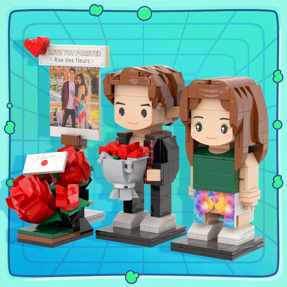Spersonalizowane Figurki Z Cegły Dla 2 Osób, Pełne Ciało, Romantyczny Prezent Dla Pary Z Motywem Róż - MyCustomBrickFigures