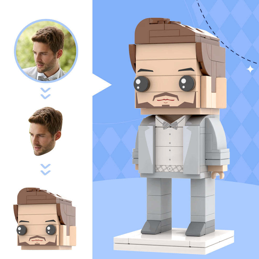 Staromodny Szary Garnitur Dla Męża Niestandardowe Figurki Z Cegły Głowy Spersonalizowane Figurki Z Cegły Mały Blok Cząstek Prezent Na Rocznicę Ślubu Dla Pana Młodego - MyCustomBrickFigures