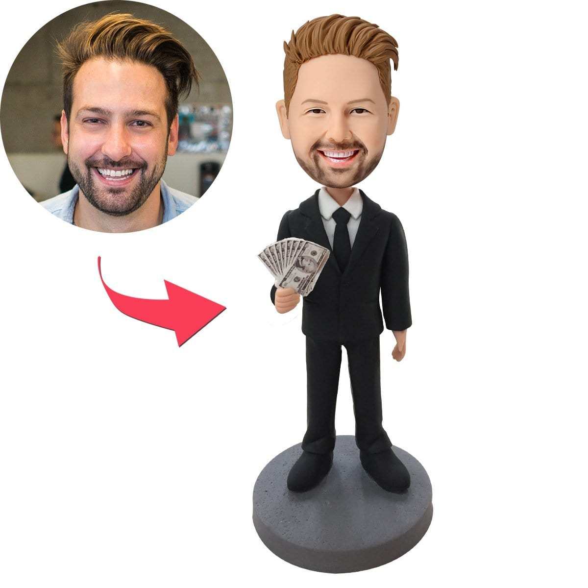Personalized Male Executive In Black Suit Holding Money Bobblehead With Engraved Text