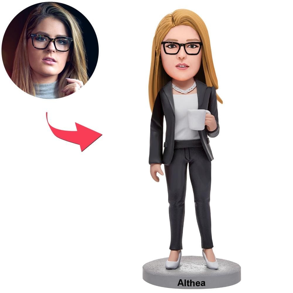 Custom Business Woman Bobbleheads Holding A Water Glass With Engraved Text