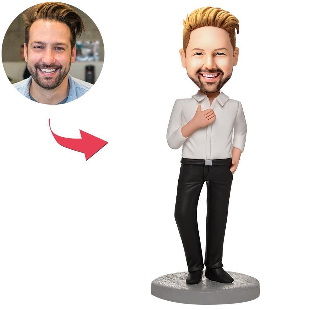 Custom Business Male Bobblehead Wearing A White Shirt With Engraved Text