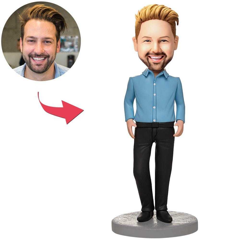 Custom Business Male Bobbleheads Wearing A Blue Shirt With Engraved Text