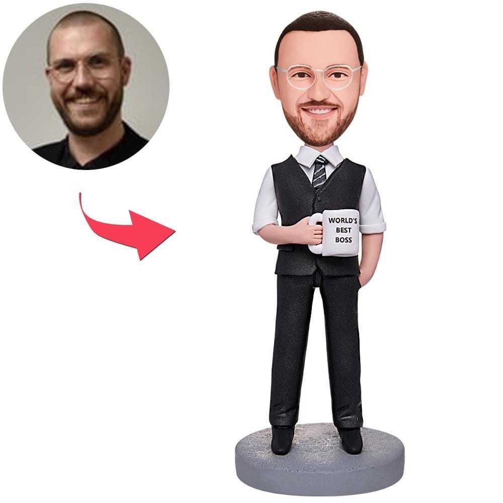Custom World's Best Boss Businessman Holding A Water Glass Bobbleheads With Engraved Text