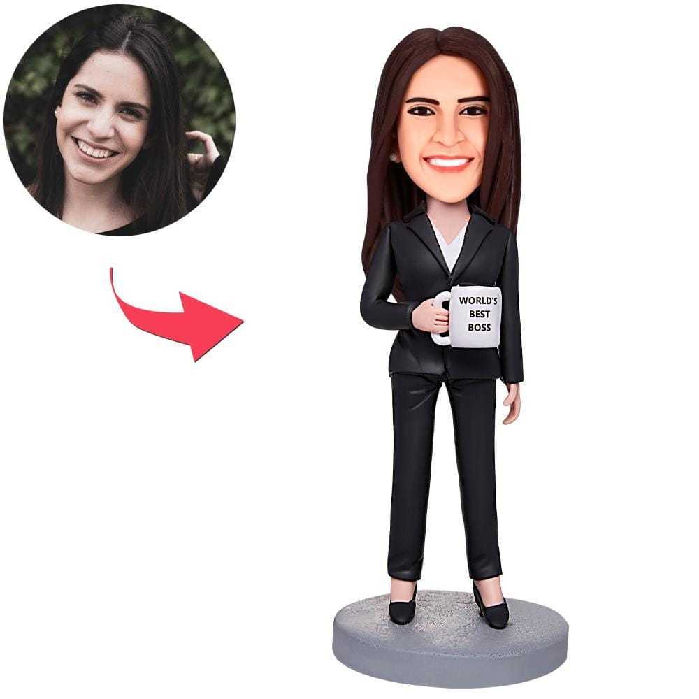 Personalized World's Best Boss Business Woman Holding A Water Glass Bobbleheads With Engraved Text