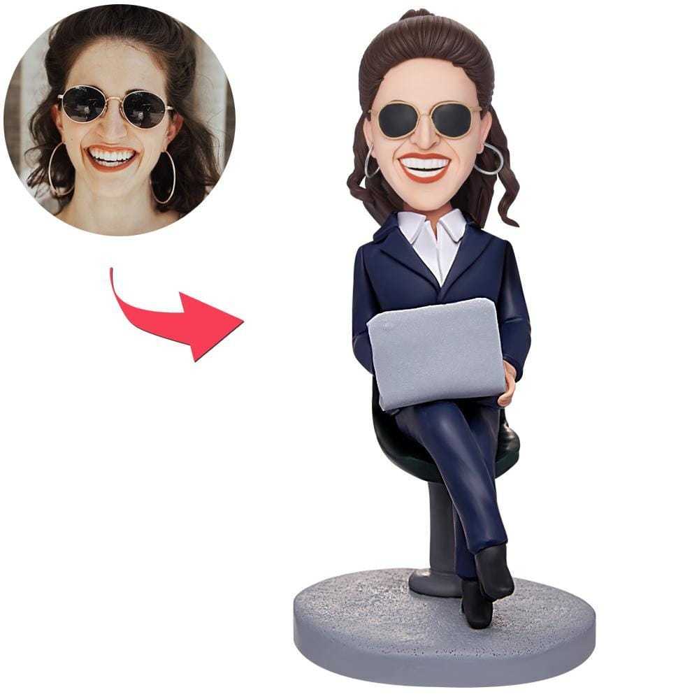 Custom Female Boss Working With Laptop Bobbleheads With Engraved Text