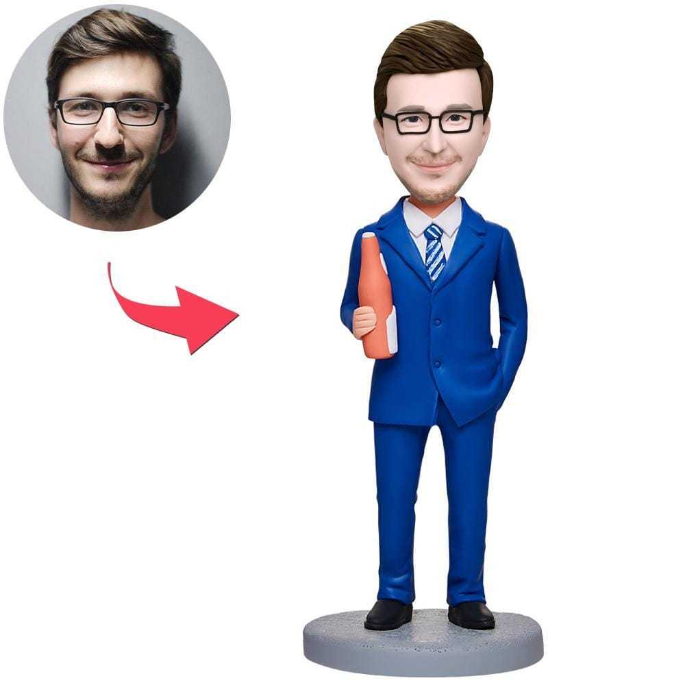 Custom Bobblehead Business Man Drinking Beers With Engraved Text