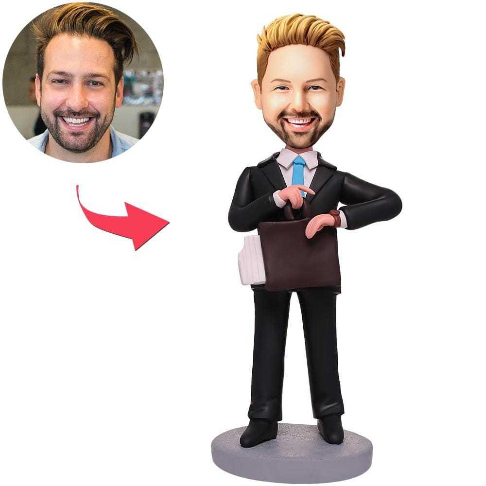 Custom Bobblehead Business Man Looking At The Times With Engraved Text