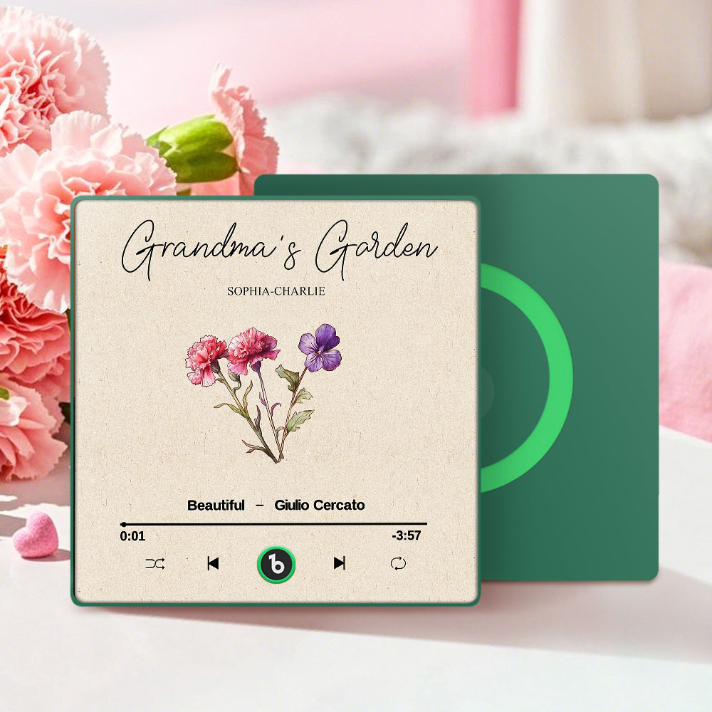 Grandma's Garden Retro Birth Flower Bouquet Personalized Music Fridge Magnet, Gift for Grandma, Mom