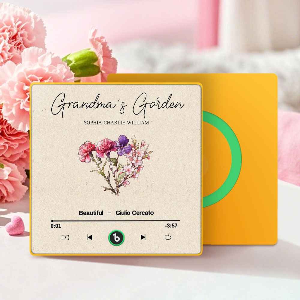 Grandma's Garden Retro Birth Flower Bouquet Personalized Music Fridge Magnet, Gift for Grandma, Mom
