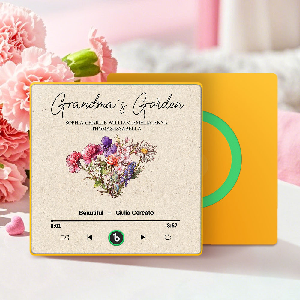 Grandma's Garden Retro Birth Flower Bouquet Personalized Music Fridge Magnet, Gift for Grandma, Mom