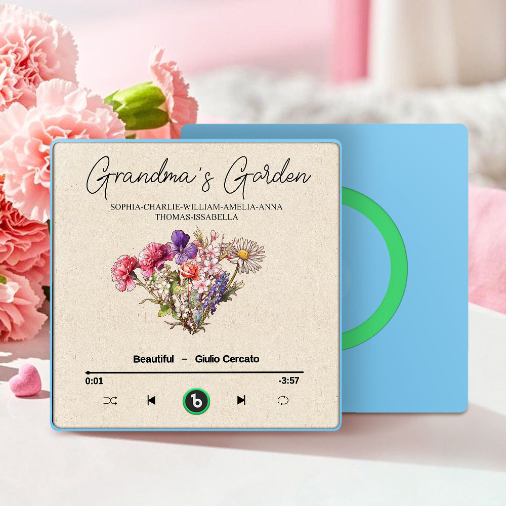 Grandma's Garden Retro Birth Flower Bouquet Personalized Music Fridge Magnet, Gift for Grandma, Mom