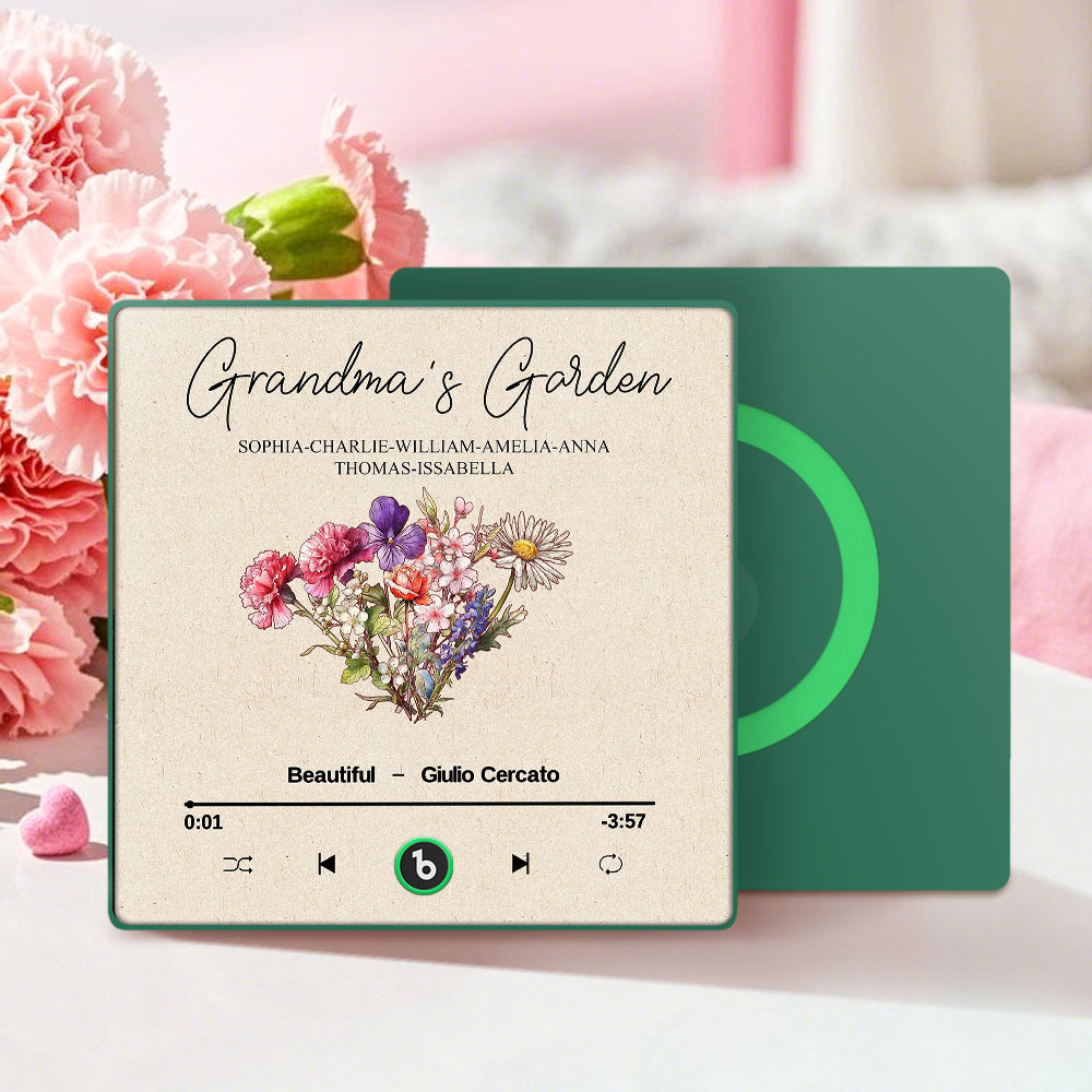 Grandma's Garden Retro Birth Flower Bouquet Personalized Music Fridge Magnet, Gift for Grandma, Mom
