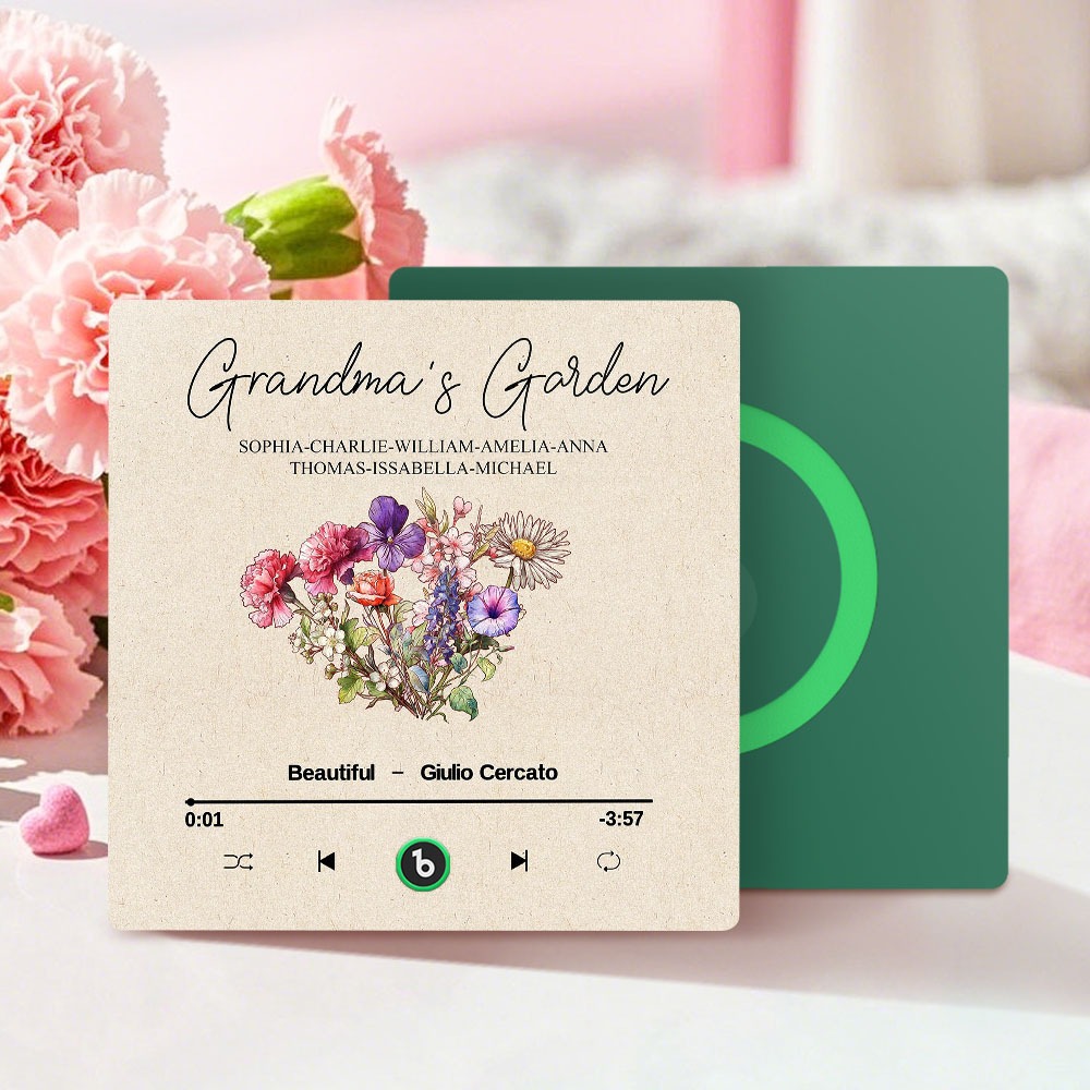 Grandma's Garden Retro Birth Flower Bouquet Personalized Music Fridge Magnet, Gift for Grandma, Mom
