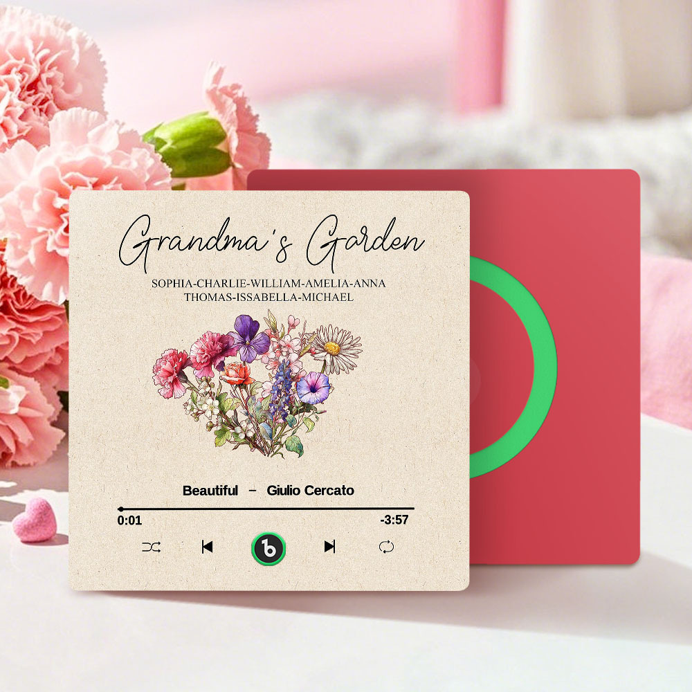 Grandma's Garden Retro Birth Flower Bouquet Personalized Music Fridge Magnet, Gift for Grandma, Mom
