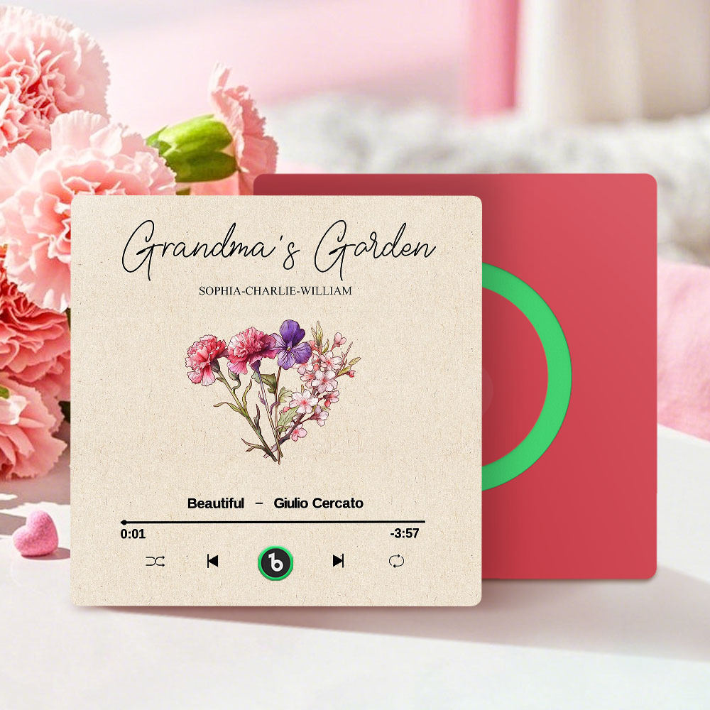 Grandma's Garden Retro Birth Flower Bouquet Personalized Music Fridge Magnet, Gift for Grandma, Mom