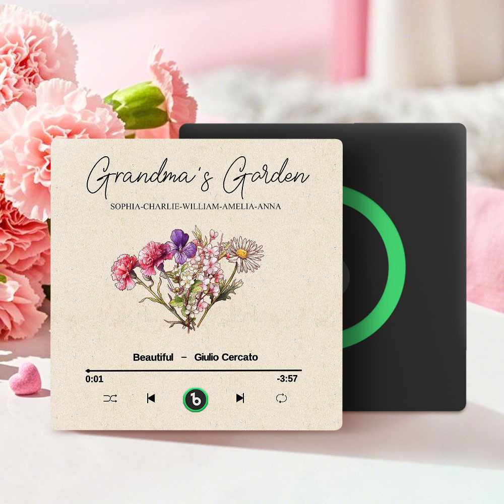 Grandma's Garden Retro Birth Flower Bouquet Personalized Music Fridge Magnet, Gift for Grandma, Mom