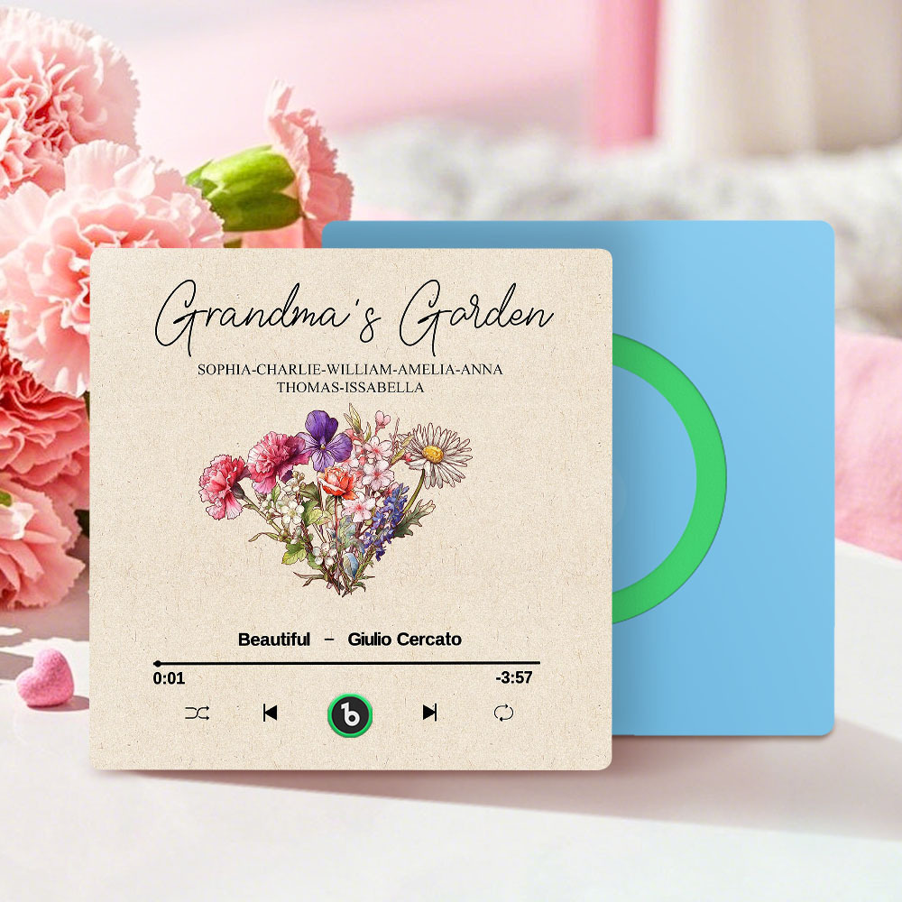Grandma's Garden Retro Birth Flower Bouquet Personalized Music Fridge Magnet, Gift for Grandma, Mom