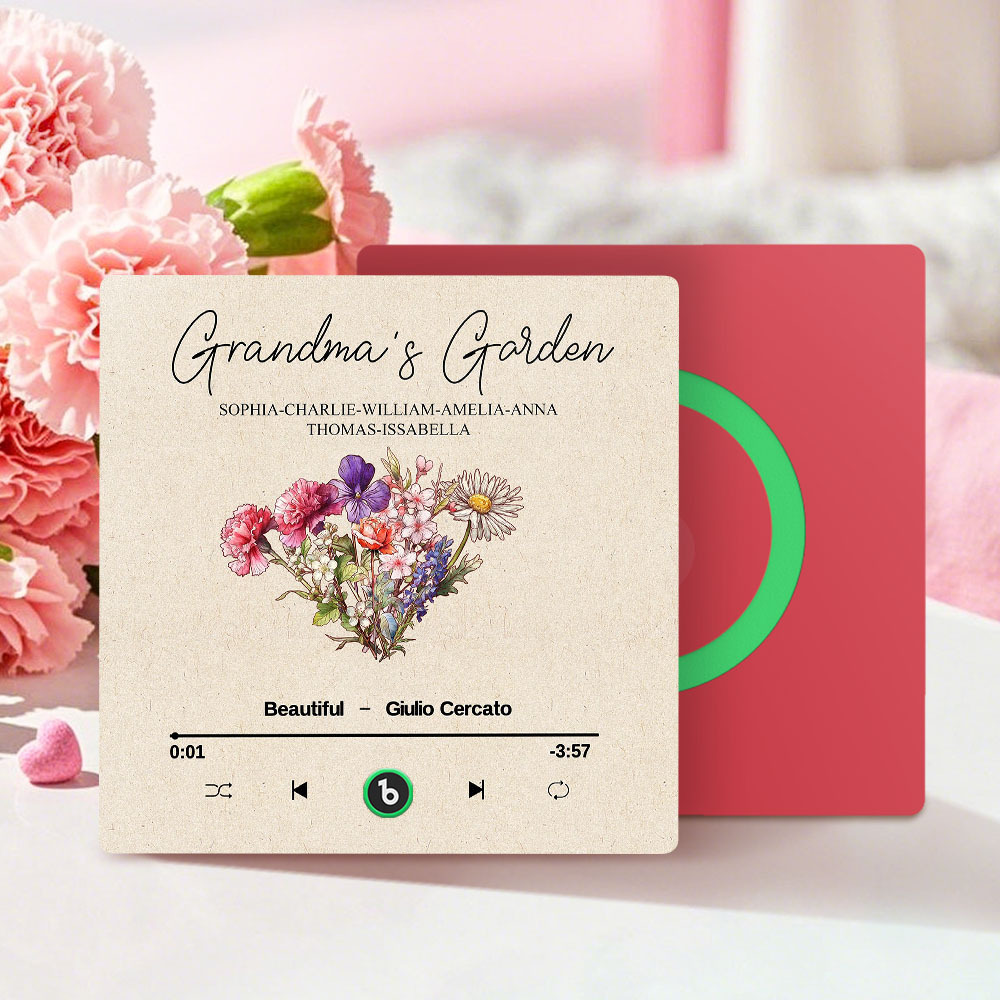 Grandma's Garden Retro Birth Flower Bouquet Personalized Music Fridge Magnet, Gift for Grandma, Mom