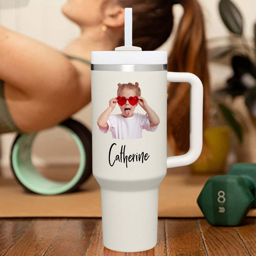Personalized Photo Name 40oz Insulated Mug with Handle and Straw Stainless Steel Custom Travel Cup Gift for Family Friends Couples - mycustomtirecover