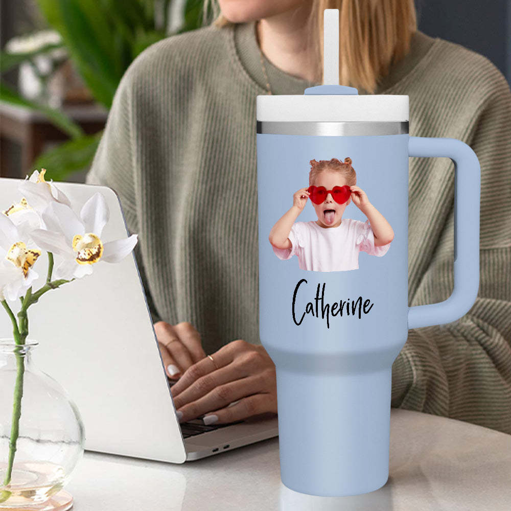 Personalized Photo Name 40oz Insulated Mug with Handle and Straw Stainless Steel Custom Travel Cup Gift for Family Friends Couples - mycustomtirecover