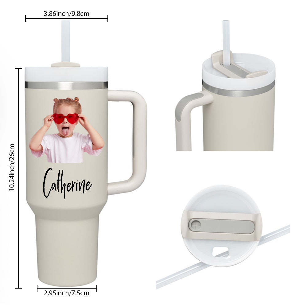 Personalized Photo Name 40oz Insulated Mug with Handle and Straw Stainless Steel Custom Travel Cup Gift for Family Friends Couples - mycustomtirecover