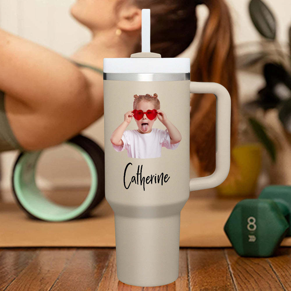Personalized Photo Name 40oz Insulated Mug with Handle and Straw Stainless Steel Custom Travel Cup Gift for Family Friends Couples - mycustomtirecover