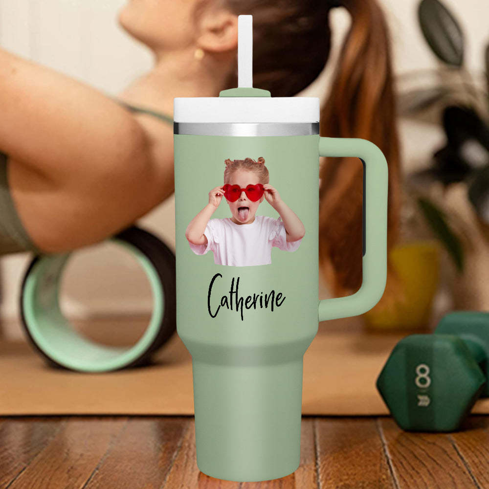 Personalized Photo Name 40oz Insulated Mug with Handle and Straw Stainless Steel Custom Travel Cup Gift for Family Friends Couples - mycustomtirecover