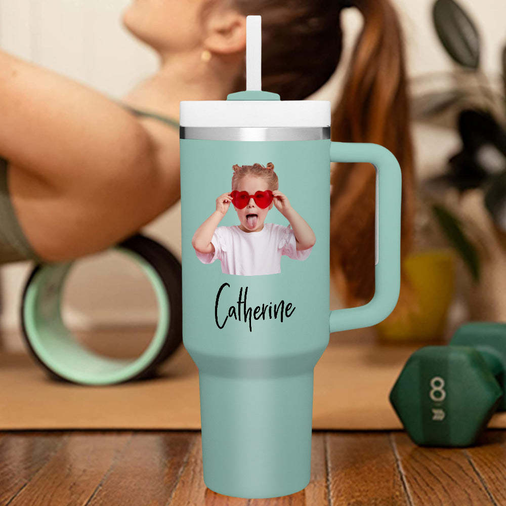 Personalized Photo Name 40oz Insulated Mug with Handle and Straw Stainless Steel Custom Travel Cup Gift for Family Friends Couples - mycustomtirecover