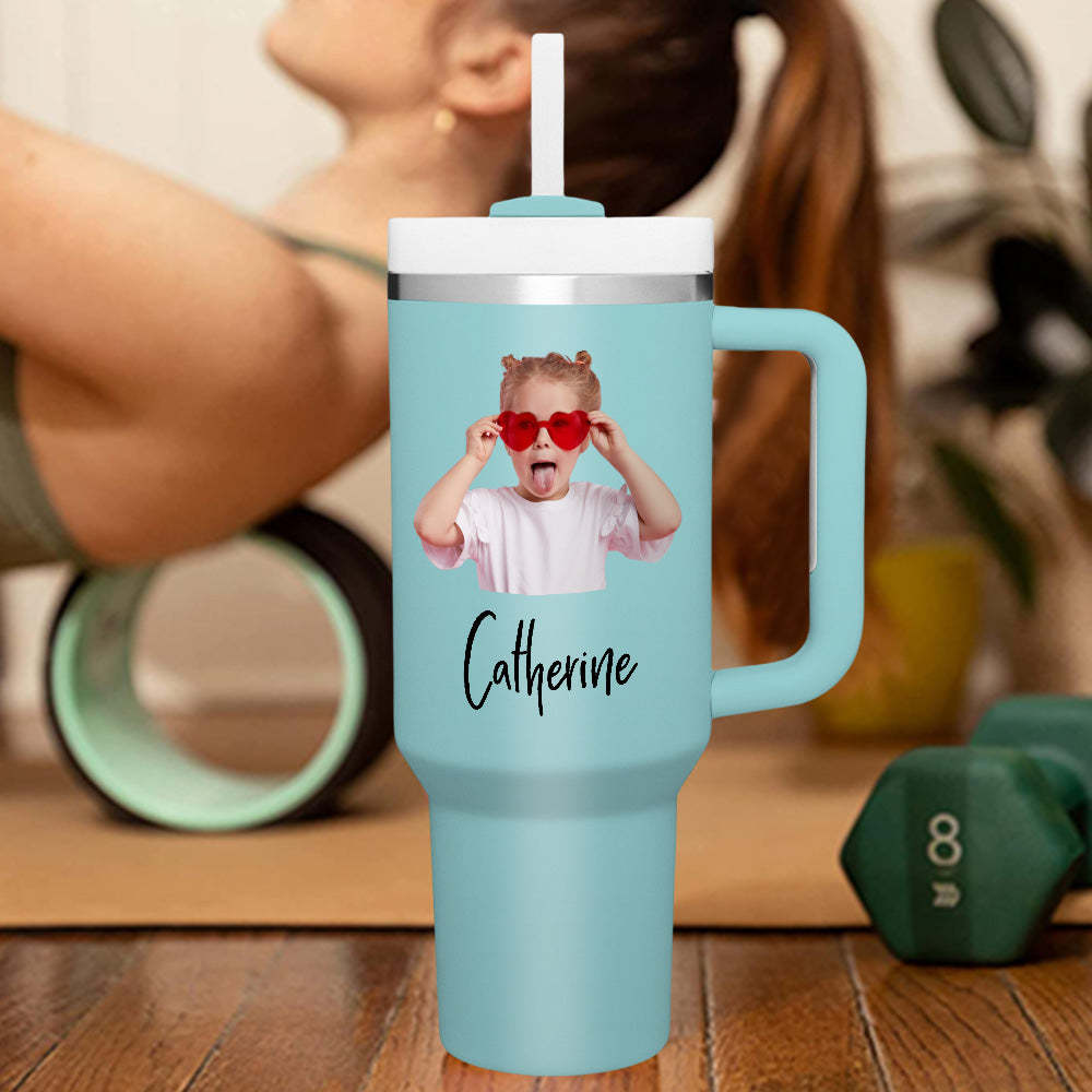 Personalized Photo Name 40oz Insulated Mug with Handle and Straw Stainless Steel Custom Travel Cup Gift for Family Friends Couples - mycustomtirecover
