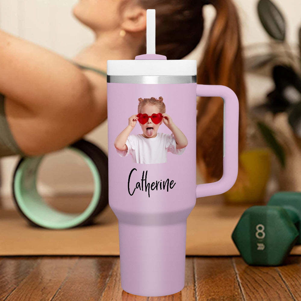 Personalized Photo Name 40oz Insulated Mug with Handle and Straw Stainless Steel Custom Travel Cup Gift for Family Friends Couples - mycustomtirecover