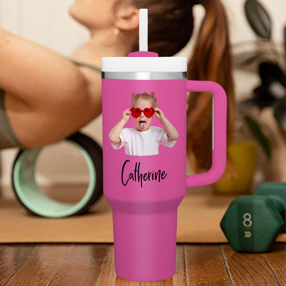 Personalized Photo Name 40oz Insulated Mug with Handle and Straw Stainless Steel Custom Travel Cup Gift for Family Friends Couples - mycustomtirecover