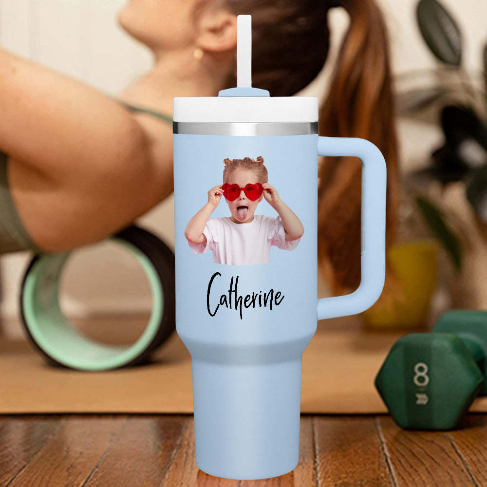 Personalized Photo Name 40oz Insulated Mug with Handle and Straw Stainless Steel Custom Travel Cup Gift for Family Friends Couples - mycustomtirecover