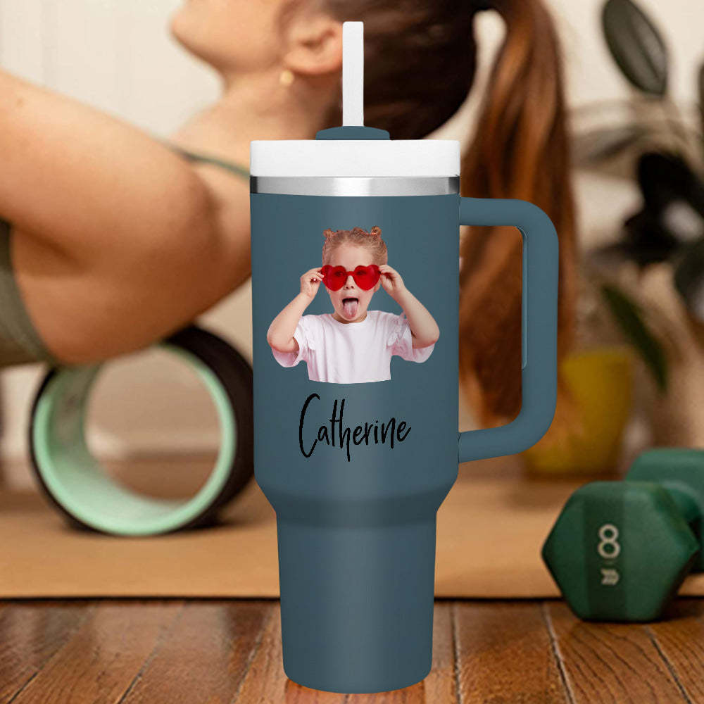 Personalized Photo Name 40oz Insulated Mug with Handle and Straw Stainless Steel Custom Travel Cup Gift for Family Friends Couples - mycustomtirecover