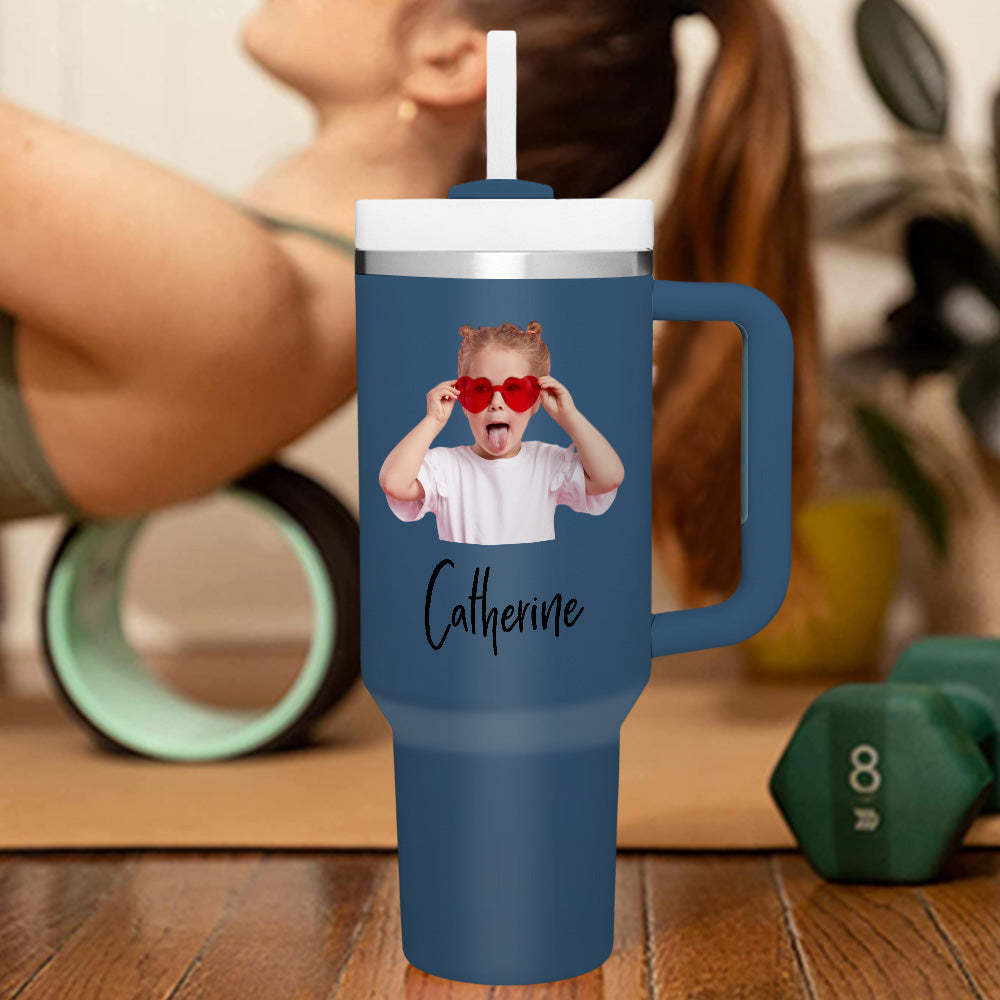 Personalized Photo Name 40oz Insulated Mug with Handle and Straw Stainless Steel Custom Travel Cup Gift for Family Friends Couples - mycustomtirecover