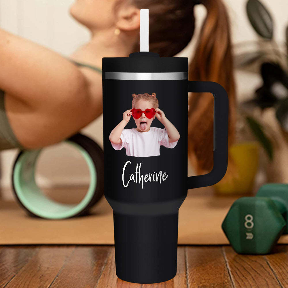 Personalized Photo Name 40oz Insulated Mug with Handle and Straw Stainless Steel Custom Travel Cup Gift for Family Friends Couples - mycustomtirecover