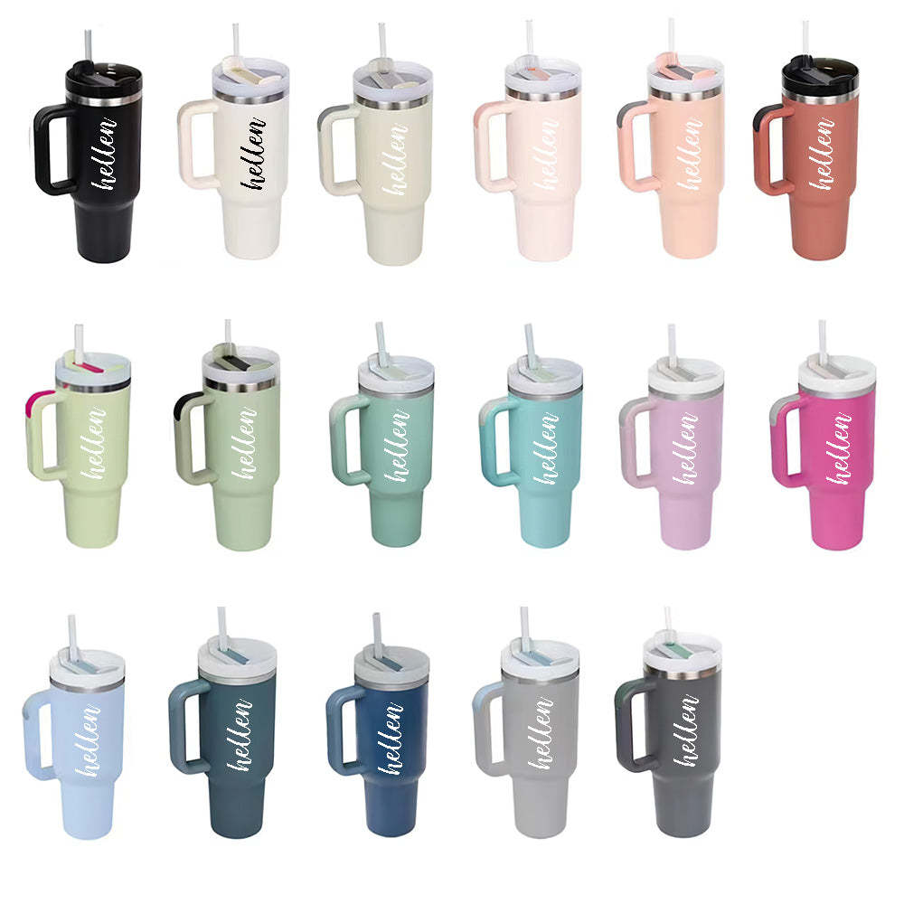 Personalized Text 40oz Insulated Mug with Handle and Straw Stainless Steel Custom Travel Cup Gift for Family Friends Couples - mycustomtirecover