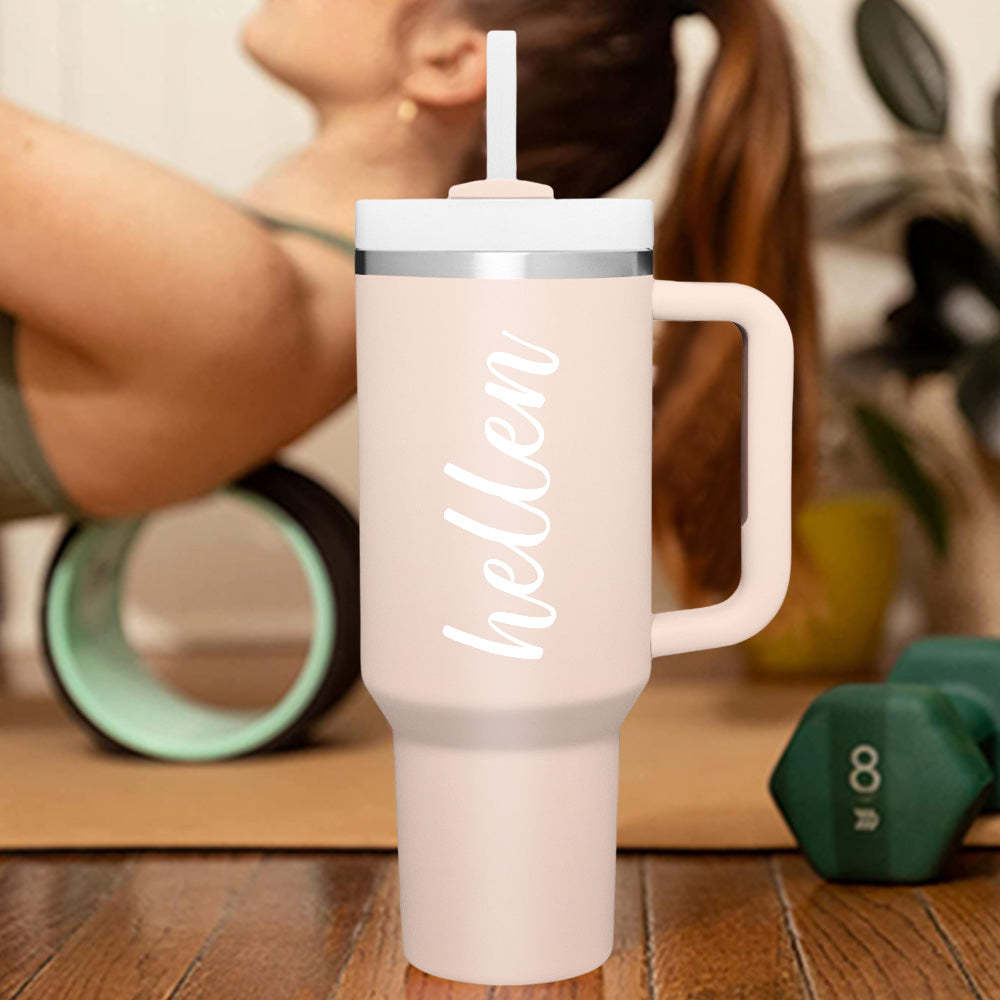 Personalized Text 40oz Insulated Mug with Handle and Straw Stainless Steel Custom Travel Cup Gift for Family Friends Couples - mycustomtirecover
