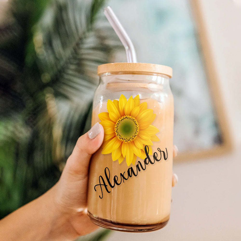 Custom Name Can Glass with Sunflower with Straw Bridesmaid Gifts - mycustomtirecover