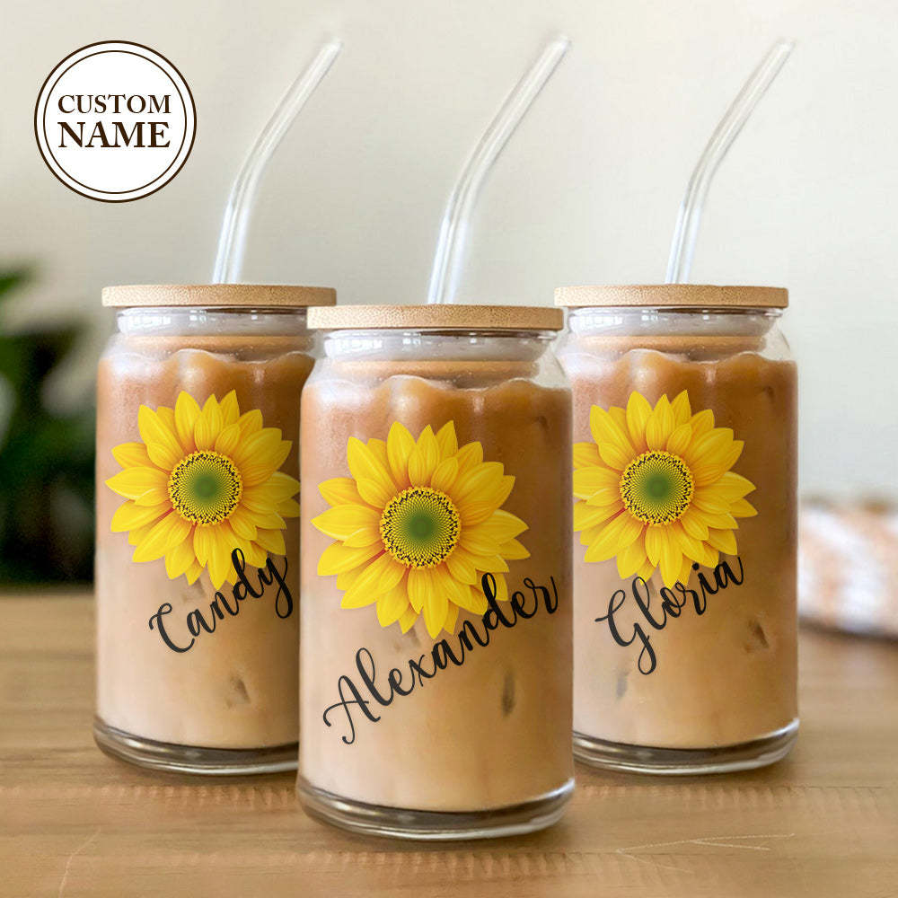 Custom Name Can Glass with Sunflower with Straw Bridesmaid Gifts - mycustomtirecover