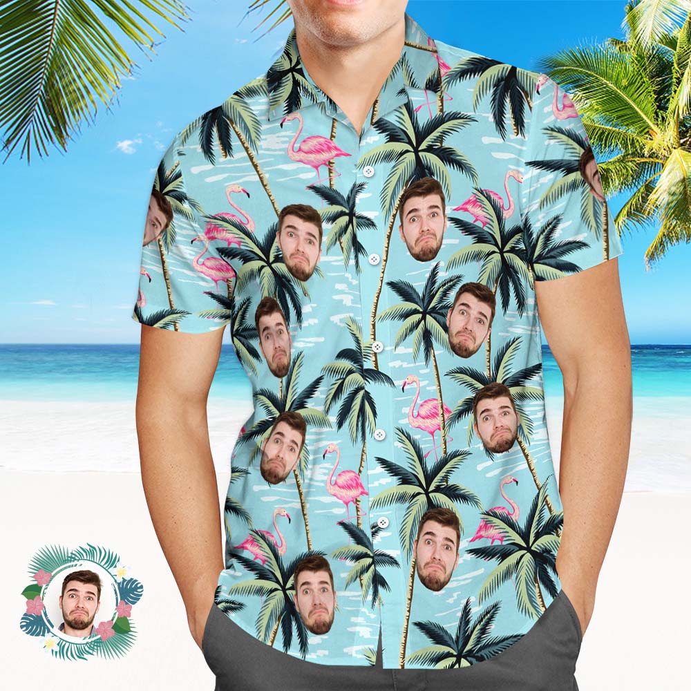 Custom Blue Flamingo Coconut Tree Shirt Personalized Face Hawaiian Shirts Gift For Him
