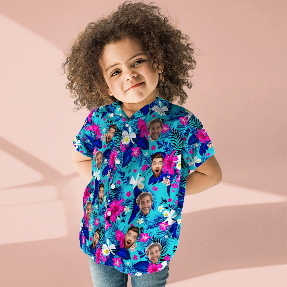 Custom Hawaiian Shirt With Face Personalized Hawaiian Shirt Logo All Over Print Pink Flower Hawaiian Shirt For Kids -  mycustomtirecover