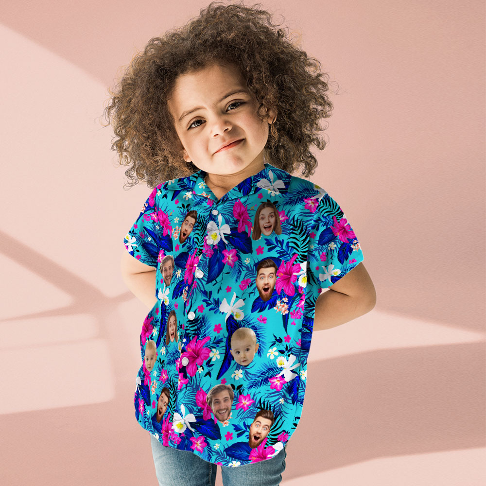 Custom Hawaiian Shirt With Face Personalized Hawaiian Shirt Logo All Over Print Pink Flower Hawaiian Shirt For Kids -  mycustomtirecover